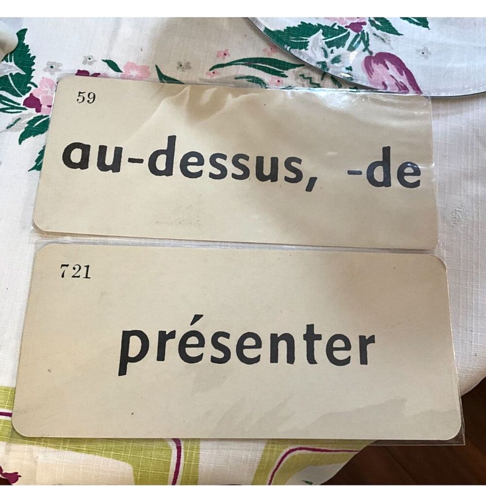 Vintage French to English flash cards Above and To Present great decorator piece